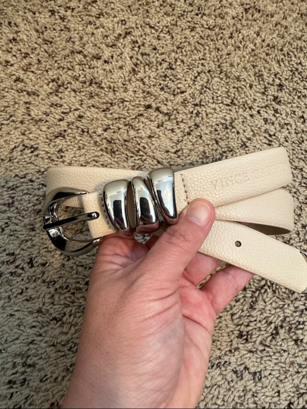 Vince Camuto Cream Pebbled Leather Belt with Silver-Tone Hardware